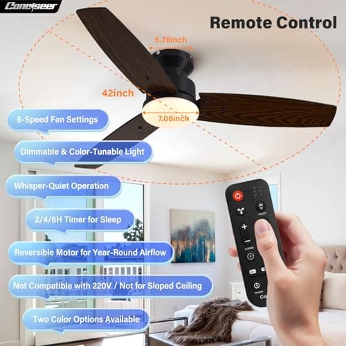 Conciseer 42 Inch Ceiling Fans with Lights and Remote, Flush Mount, Black view 2