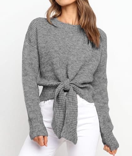Okiwam Women's Long Sleeve Cropped Sweaters Casual Knit Pullover Tie Front Crew Neck Fall Outfits Spring Fashion Clothes 2026 view 2