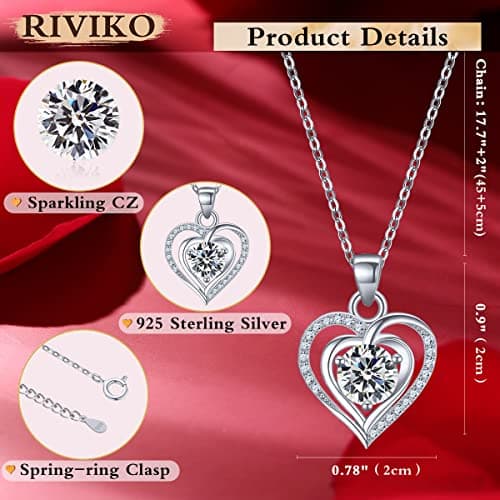 RIVIKO Heart Birthstone Pendant Necklace for Women 925 Sterling Silver Zirconia Necklaces Valentine's Day Anniversary Birthday Mothers Day Jewelry Gifts For Her Mother Wife view 4