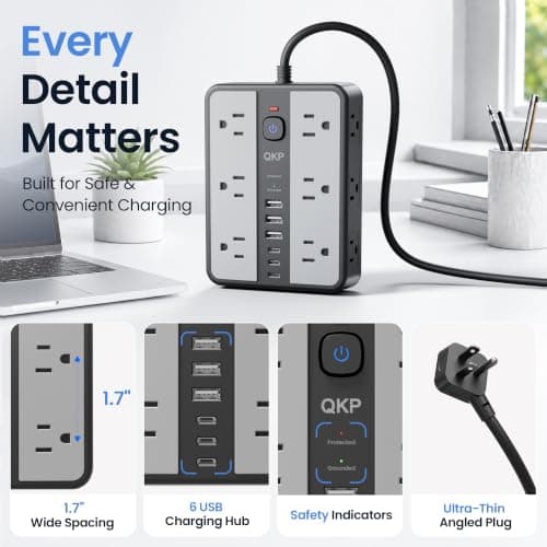 2400J Surge Protector Power Strip with 12 Outlets, 6 USB (3 USB C), 6 FT | 0.5" Thin 45° Flat Plug, 1.7" Wide-Spaced Outlets, 2400J Surge Protection & 1875W/15A Overload Protection for Home & Gaming view 6