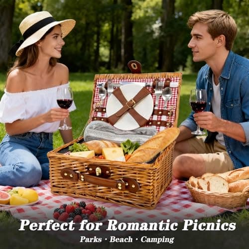 Picnic Basket for 2 - Picnic Basket with Cutlery Kit and Glasses, Insulated Picnic Set with Waterproof Liner, Portable Wicker Picnic Baskets with Lid and Handle for Outdoor, Picnic, Camping, Holidays view 2