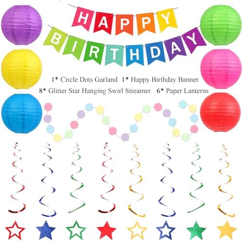 Happy Birthday Decorations, Colorful Birthday Party Decorations Set with Happy Birthday Banner, Paper Lanterns, Star Swirl Hanging Decorations & Circle Dots Garland view 3
