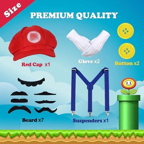 ANCOSJOY Bros Mary & Luigi Hat Costume Mustaches Gloves Buttons for Halloween Costume Cosplay view 3