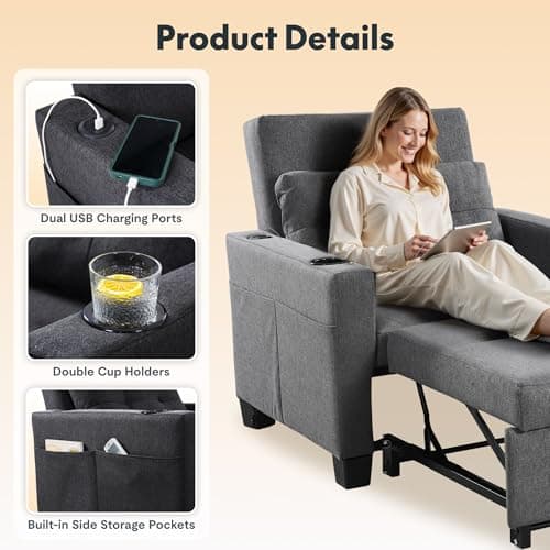 FLEXISPOT XCT2 Sleeper Chair Bed, Sofa Bed Chair 3 in 1 w/USB Port, Pillow, Cup Holders, Convertible Pull Out Bed W/Adjustable Backrest for Living Room Apartment Small Space, Grey view 4