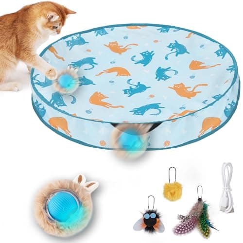 ZOMISIA Interactive Cat Toy Ball, Hide and Seek Cat Toys in Play Mat, Moving Rolling Kitten Toys for Indoor Bored Cats, Motion Activated Rechargeable Kitty Toys with 3 Tails/LED Light/Bird Chirping — image 1