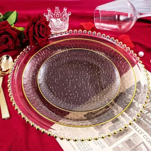 Hioasis 60 Pcs Black Plastic Plates for Party & Wedding | Gold Rimmed Hammered Dinnerware Set. Includes 10.25" Dinner & 7.5" Dessert Plates for 30 Guests. view 6