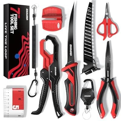 Fishing Tools Kit, 7pc Fishing Pliers Kit with Fillet Knife, Split Ring Pliers, Braid Scissors, Fish Gripper, Ruler, Sharpener & Lanyard, Saltwater & Freshwater Fishing Gear & Fishing Gifts for Men