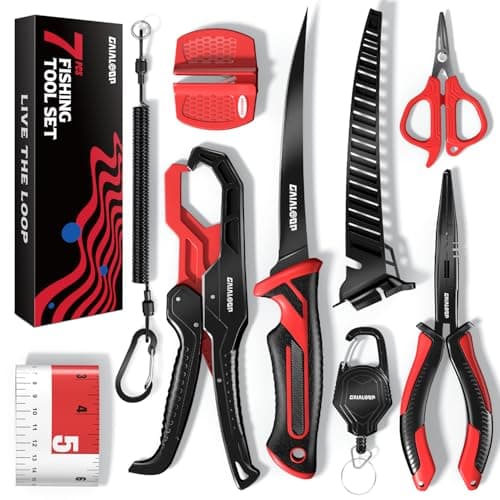 Fishing Tools Kit, 7pc Fishing Pliers Kit with Fillet Knife, Split Ring Pliers, Braid Scissors, Fish Gripper, Ruler, Sharpener & Lanyard, Saltwater & Freshwater Fishing Gear & Fishing Gifts for Men — image 1