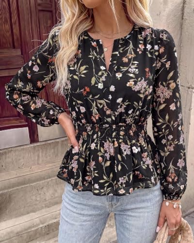 BTFBM Womens Tops Dressy Casual Floral V Neck Long Sleeve Chiffon Shirts view 2