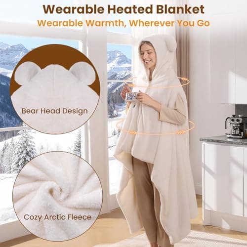 Bearbug Cordless Heated Blanket 50“ x 70", Portable Wearable Heated Blanket Shawl Hoodie Battery Operated, Car Charger, Dc Adapter, 3 Heating Level, Machine Washable, Beige view 2