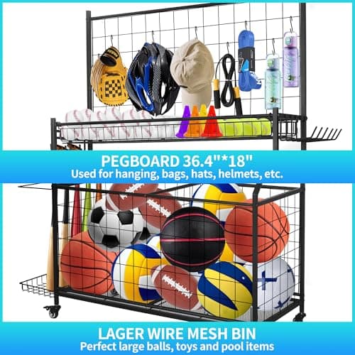Sports Equipment Organizer,Garage Ball Storage Rack with Basketball Rack with Hooks and Rolling Wheels Cart-Black view 4