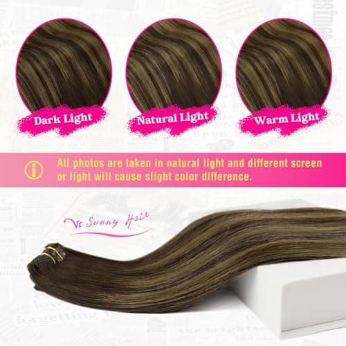 Ve Sunny Clip in Hair Extensions Real Human Hair Balayage Medium Brown Mix Caramel Blonde Ombre Remy Hair Extensions Clip ins for Women Thick Straight 16 inch 120g 7pcs view 6