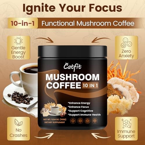 Catfit Instant Mushroom Coffee Powder, 10-in-1 Adaptogen Blend with Lion's Mane, Chaga & Cordyceps for Energy, Focus, Gut Health & Immune Support - 160g, 50 Servings view 3
