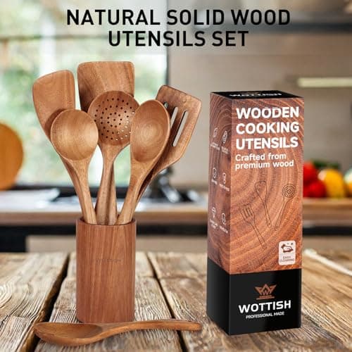 Wooden Spoons for Cooking - 8-Piece Wooden Kitchen Utensil Set made of Natural Solid Wood Material-Includes Spoons,Spatulas,Ladles,Mixing Spoon and Utensil Holder,Holiday Gifts view 2