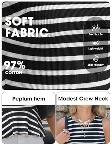 EXLURA Women Summer Tank Tops 97% Cotton Waffle Knit Peplum Top Sleeveless Crewneck Striped Ruffle Hem Business Casual Shirts view 4