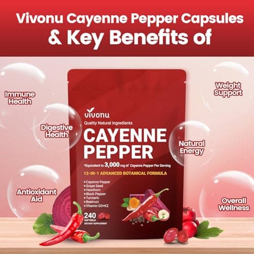 VivoNu Cayenne Pepper Softgels Supplement, Supports Leg Vein, Heart and Blood Vessel Health, with Vitamin E D3+K2 and Extracts of Grape Seed, Hawthorn, Beetroot, Berberine (Softgel / 1 Bag) view 3