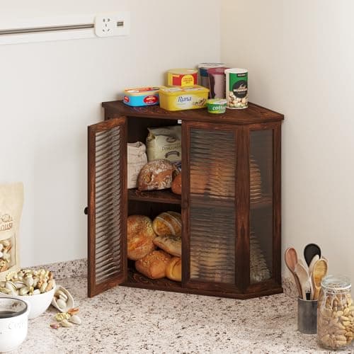 WouZglk Extra Large Corner Bread Box for Kitchen Countertop, 16.5 Inch Charred Pine 2-Tier Breadbox with Glass Wavy Door Panel, Vintage Farmhouse Style Wood Design (Pine Wood) view 5