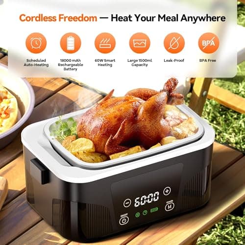 DOLOPL Cordless Electric Lunch Box for Adults, Portable Rechargeable Heated Lunch Box with Scheduled Heating, 6-Cup Leak-Proof Design, Bonus Ice Pack & Insulated Bag for Work, Travel, Office view 2
