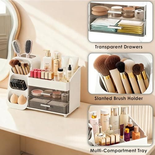 ShinyDew Makeup Organizer with Brush Holder for Vanity, Spacious Cosmetic Display Case with 2 Drawers, The Perfect Bathroom Vanity Organizer for Beauty Essentials, Skincare, Lipsticks view 6