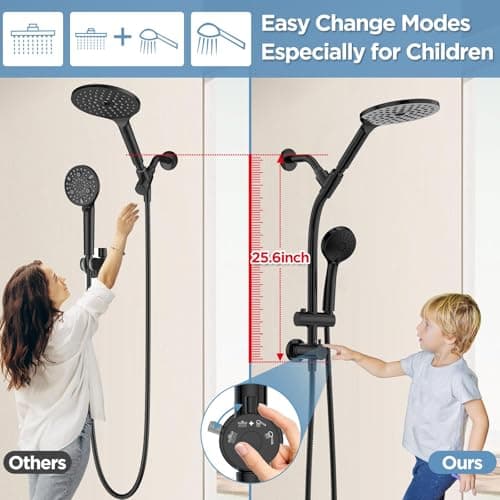 MakeFit Drill-free Dual Shower Head with Handheld Combo Rainfall Shower Head Easy Reach 3-way Diverter Stainless Steel Slide Bar with Height Adjustable Holder Adjustable Rain Showerhead (Black) view 2