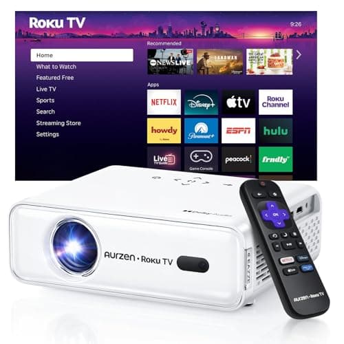 Aurzen Roku TV Smart Projector with Wifi and Bluetooth, Roku Streaming Experience Built-in, 1080P FHD, DoIby Audio, Auto Focus & Keystone, Zoom, Movie Portable Outdoor Mini Projector, White view 1