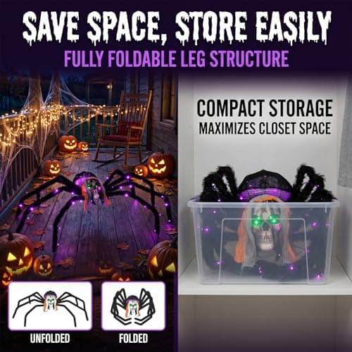 52" Halloween Giant Skull Face Spider, Lighted Outdoor Decoration with Flashing Red & Green Eyes, 70 LED Glowing Spider for Yard, Lawn, Porch, Haunted House Decor (52" Floor-Standing) view 5