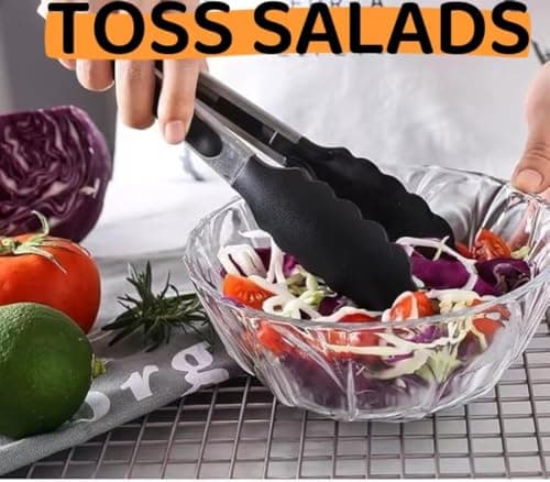 Kitchen Tongs Stainless Steel Locking with Silicon Tips Heat Resistant for Cooking, Set of 2-7" and 9" Black view 4