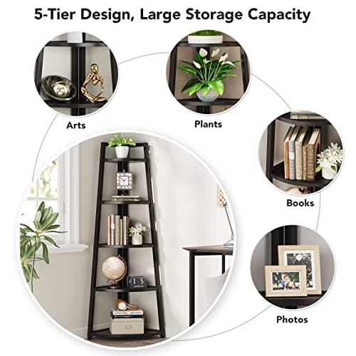 Tribesigns 70 inch Tall Corner Shelf, 5 Tier Modern Corner Bookshelf Bookcase Industrial Corner Ladder Shelf Plant Stand for Living Room, Kitchen, Home Office (Black) view 6
