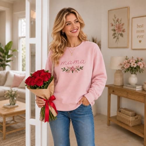 Mama Sweatshirt for Women: Floral Embroidered Mom Costumes Pullover view 2
