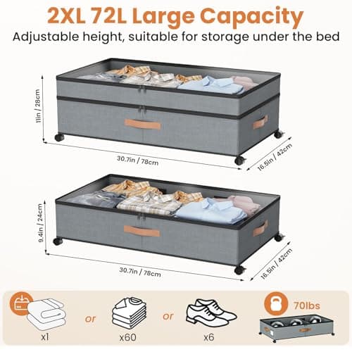 Mqaue Storage Box,Under Bed Storage with Wheels 72L XXL Under the Bed Storage Containers Large, 10‘’ Tall Adjustable Storage for Underbed with Lids, Rolling for Shoes, Clothes, Blankets, Grey view 2