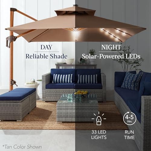 Best Choice Products 10ft Square Cantilever Patio Umbrella w/Base Included, Woodgrain Pattern Pole & Solar LED Lights, 360-Rotation, Offset Hanging Outdoor Shade - Black view 5