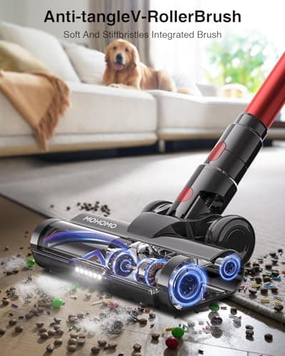 Cordless Vacuum Cleaner, 650W/55KPa 70Mins Vacuum Cleaners for Home, Self-Standing Stick Vacuum with Anti-Tangle Brush & OLED Touch Screen, Vacuum Cleaner for Hardwood Floors,Carpet,Pet Hair,Car (Red) view 6