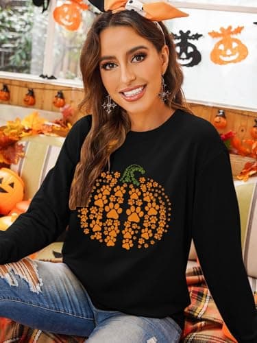 Urvatac Fall Sweatshirt for Women Pumpkin Dog Paw Pullover Thanksgiving Pumpkin Graphic Long Sleeve Shirt Tops view 5