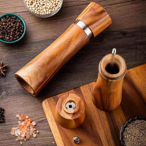 Wooden Salt and Pepper Grinder Set, 8 Inches Refillable Salt and Pepper Mills, Peppercorn Shaker with Adjustable Coarseness, Durable Acacia Wood with Ceramic/Stainless Steel Core, Tableware Gifts view 3