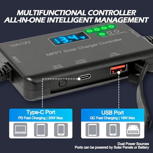 VUICCI 10A MPPT Solar Charge Controller 12V, 30V Max VOC | 22W Type-C & 18W USB Fast Charging | LCD, Multi Protection | Compatible with LiFePO4, AGM, Gel | for RV, Solar Shed Off Grid System view 2