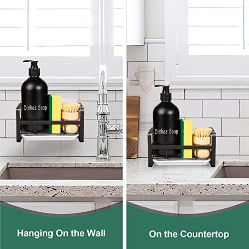 TEZZ Sponge Holder for Kitchen Sink- Stainless Steel Kitchen Sink Caddy for Organizing Sponge, Brush & Soap Dish Dispenser, coutertop Organizer Rack with Adhesive or Counter top, Black view 6