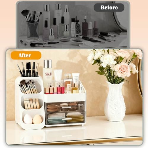 ShinyDew Makeup Organizer with Brush Holder for Vanity, Spacious Cosmetic Display Case with 2 Drawers, The Perfect Bathroom Vanity Organizer for Beauty Essentials, Skincare, Lipsticks view 4