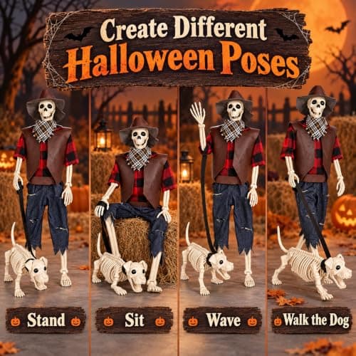 Skeleton for Halloween Decoration Outdoor, Halloween Decor for Yard Porch | Outside Halloween Skeleton Decoration for Yard Patio Lawn Garden, 3FT Realistic Full Body Posable Cowboy Skeleton with Dog view 5