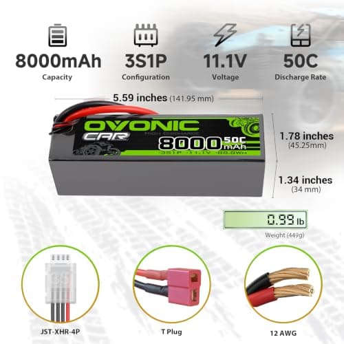 OVONIC 3s 11.1V Hard Case Lipo Battery 8000mAh 50C Max to 80C Lipo Battery Soft Case with Dean-Style T Connector for RC Airplane Helicopter Car Truck Boat (2 Packs) view 2