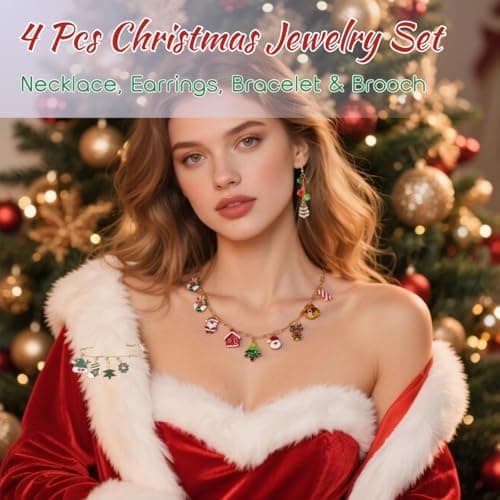 4pcs Christmas Jewelry Set Gifts for Women, Atarvana Xmas Necklace, Earrings, Bracelet, Brooch for Women Stocking Stuffers Christmas Gift view 2