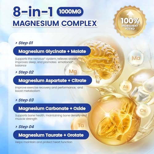 1000mg Magnesium Complex for Women & Men*, 8 Elemental with Magnesium Glycinate, Citrate, Malate, Taurate, Oxide, Carbonate, Aspartate, Orotate for Bones, Muscle, Recovery, Energy, Vegan, 90 Capsules view 3