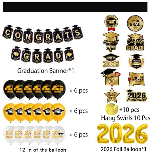 Graduation Party Decorations 2026–Black Gold Grad Banner, Class of Backdrop, Balloons, Fringe Curtains and Foil Balloon, Streamers Kit–Complete Graduation for High School & College Celebrations (Gold) view 4