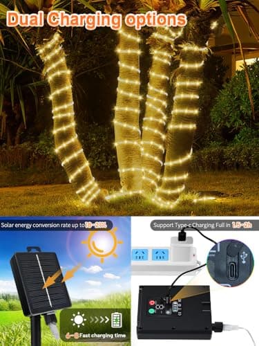 Larger Tube Solar Rope Lights 200LEDs Waterproof,Rechargeable Battery,Dual Charging,39FT Outdoor String Light,Remote-Control,for Pathway Patio Garden Palm Tree Christmas (Brighter - Warm White) view 2