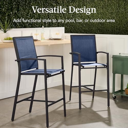 Best Choice Products Outdoor Bar Stools Set of 2, Bar Height, Patio Furniture, All Weather Mesh Design w/Armrest - Black/Navy view 6
