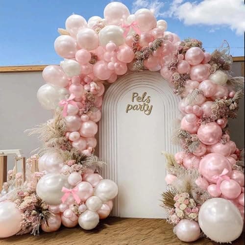 Pearl Pink Balloons Different Sizes Double Stuffed Pastel Baby Pale Pink Pearl Balloon Arch Garland Kit 18/12/5in with Bow for Bridal Wedding Birthday Baby Shower Coquette Party Decorations view 6
