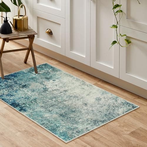 Lahome Modern Abstract Area Rug - Small 2x3 Washable Entryway Rugs Non-Slip Low Pile, Accent Throw Carpet for Kitchen Bath Mats Laundry Front Indoor Doormat,Blue/Grey view 6