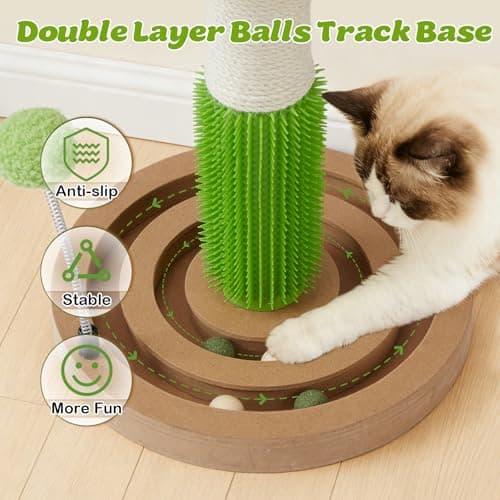 Cat Scratching Post, 26 Inch Tall Scratching Posts for Indoor Cats Adults and Kittens, Small Cat Scratch Post with Rotatable Hanging Toys, Rubber Brush and Double-Layer Interactive Wooden Ball Track view 3