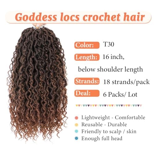 Forevery Goddess Locs Crochet Hair 16 Inch PreLooped Crochet Hair for Black Women 6 Packs Brown Crochet Faux Locs with Curly Ends for Full Head view 2