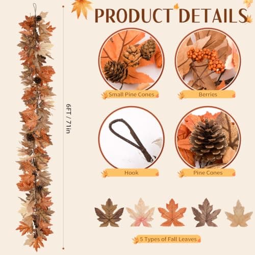 6 Ft Fall Garland with Lights & Timer, Thanksgiving Fireplace Mantel Decor | 30 Warm LED Lights, 6H Timer, Maple Leaves, Berries and Pine Cones, Flexible Vine, Lighted Porch Table Autumn Decor view 2