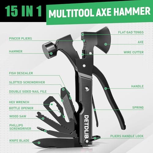DETDLIB 15-in-1 Multitool Axe Hatchet, Birthday Gifts for Men, Essential for Camping, Hiking, Cool Gadget, Gifts for Men. Women, Dad, Him, Husband, Father, Mechanic, Boyfriend, Black view 3